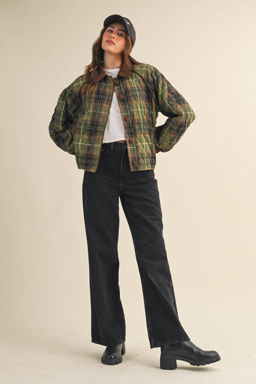 Plaid Quilted Jacket with Contrast Corduroy Detail