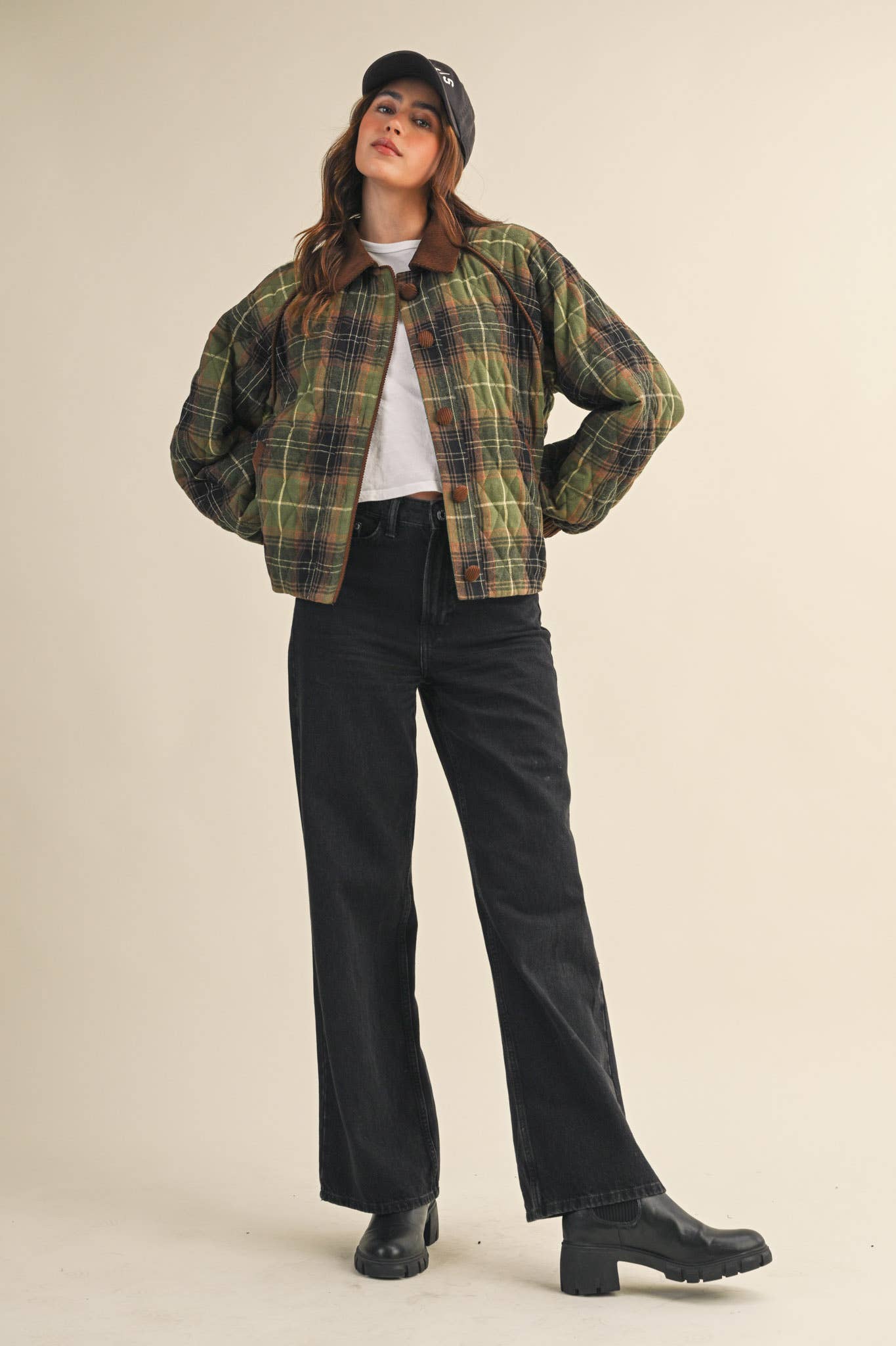 Plaid Quilted Jacket with Contrast Corduroy Detail