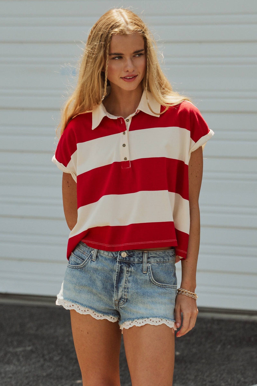 Dolman Sleeve Polo Shirt in Ivory Red