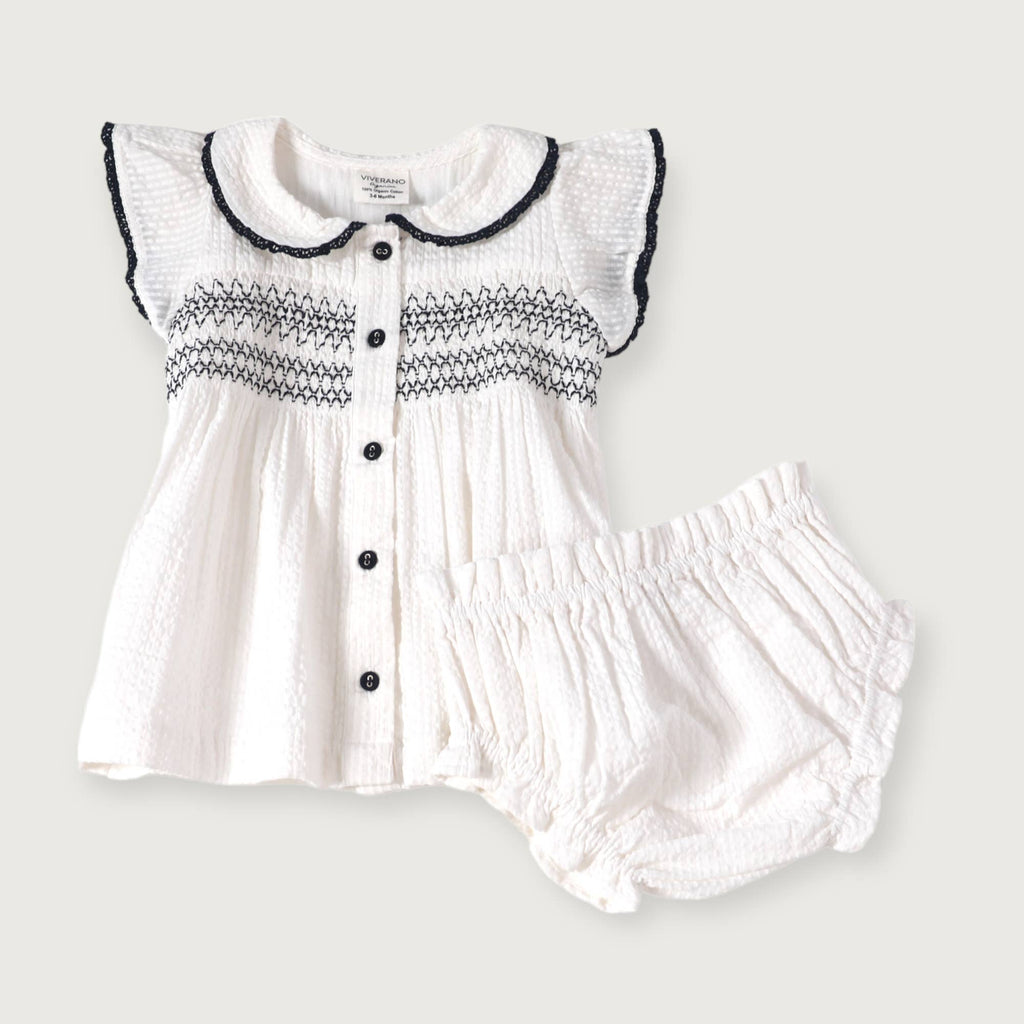 Celine White Seersucker Smocked Baby Dress + Bloomer Organic