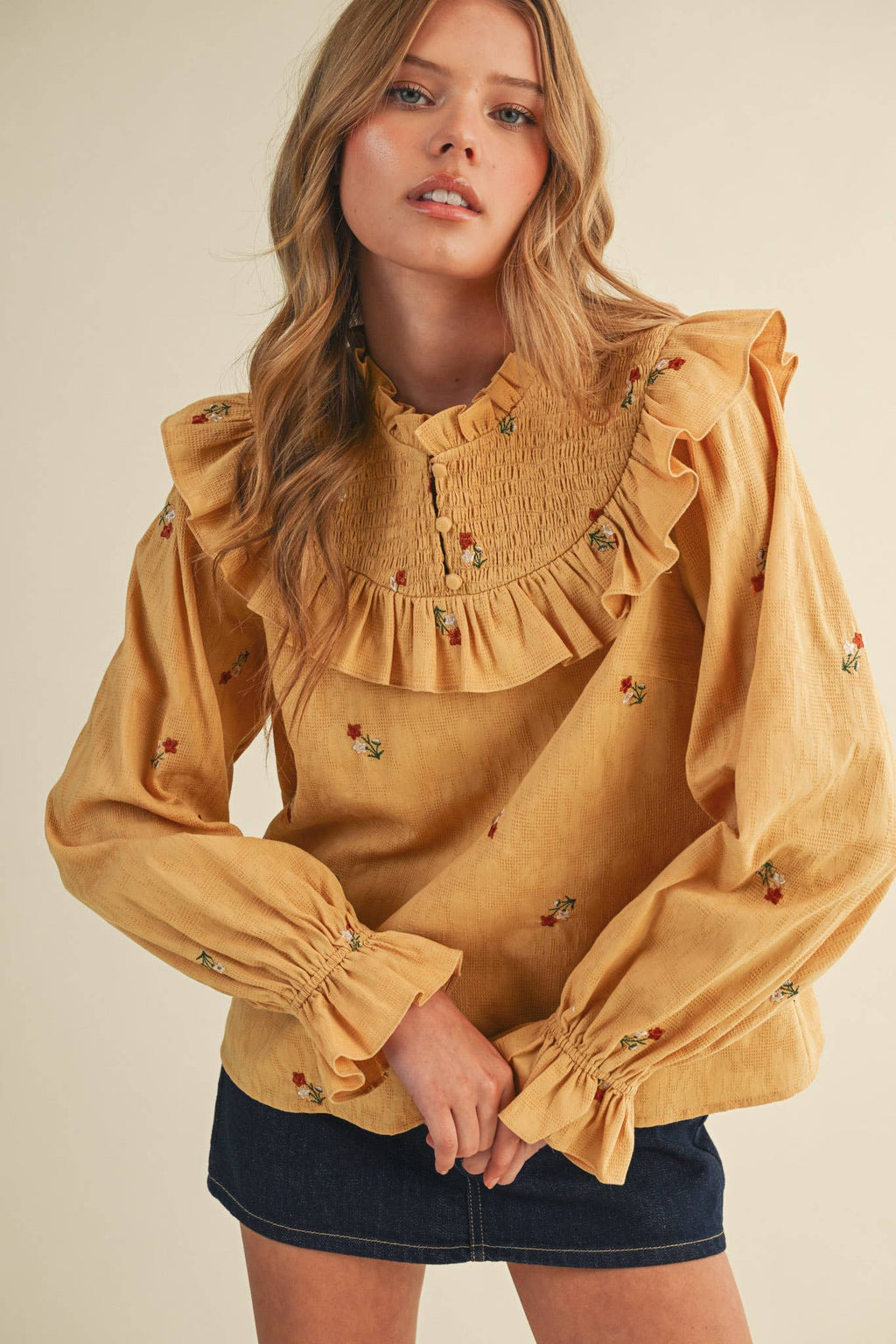 Smocked Yoke Embroidered Blouse