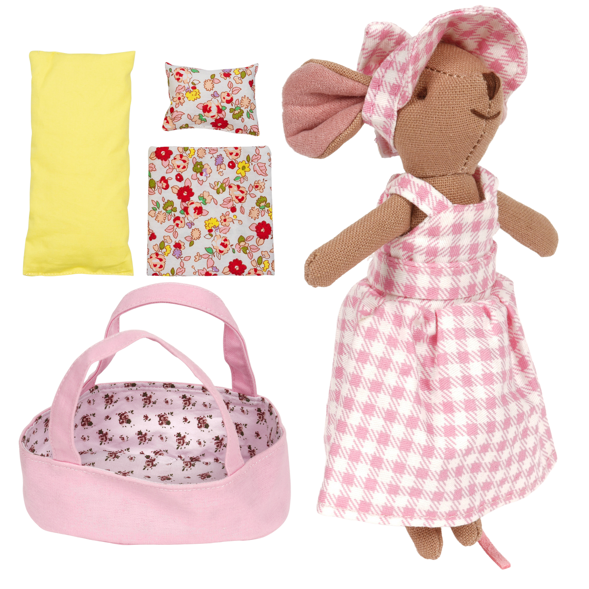 Mouse & Carry Cot Set in Pink Gingham Dress