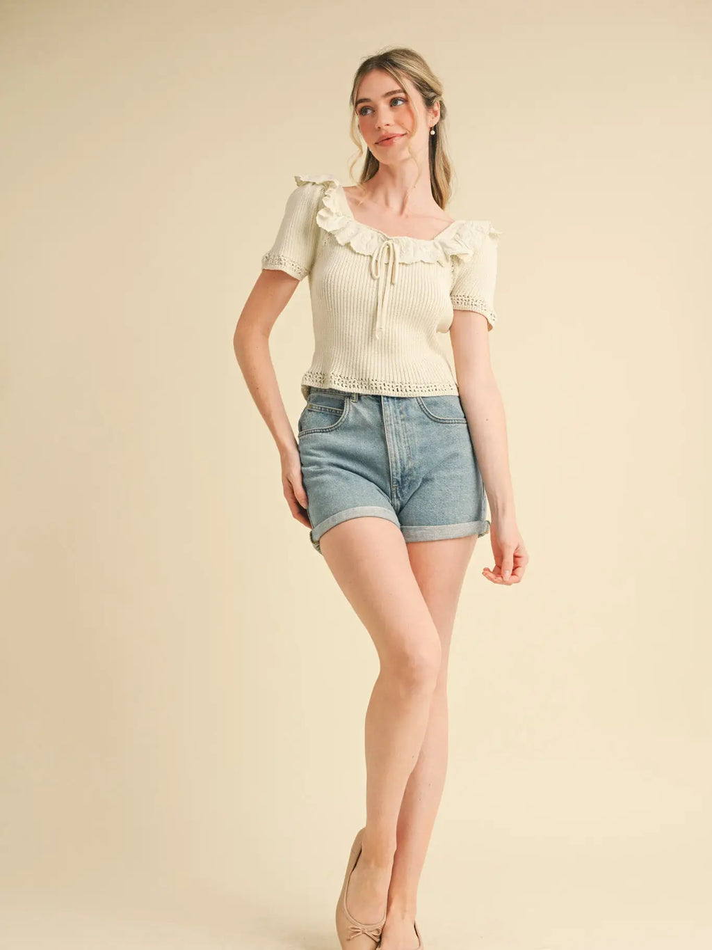 Ecru Ruffle Trim Short Sleeve Sweater