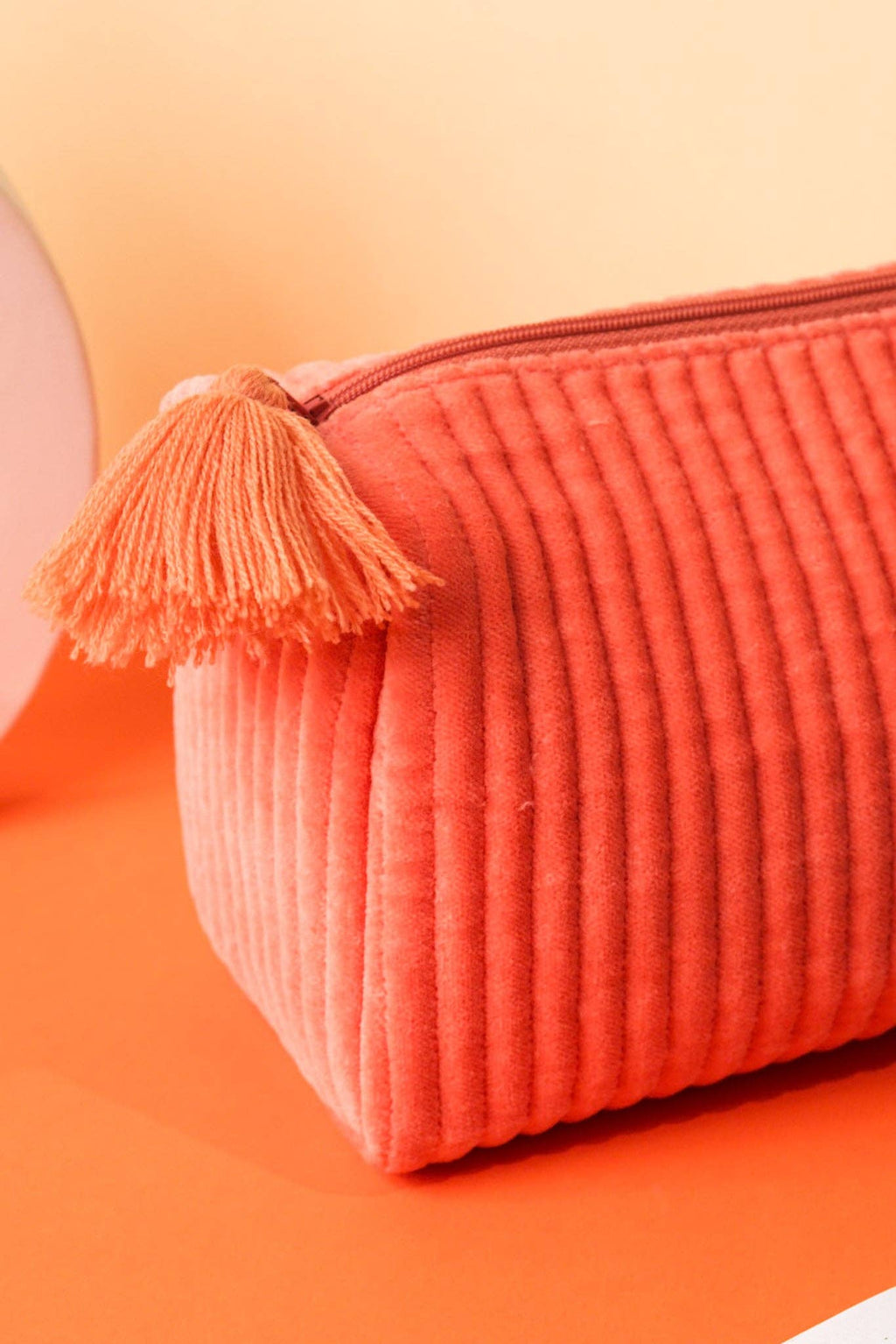 Salmon Velvet & Block Print Lined Cosmetic Pouch