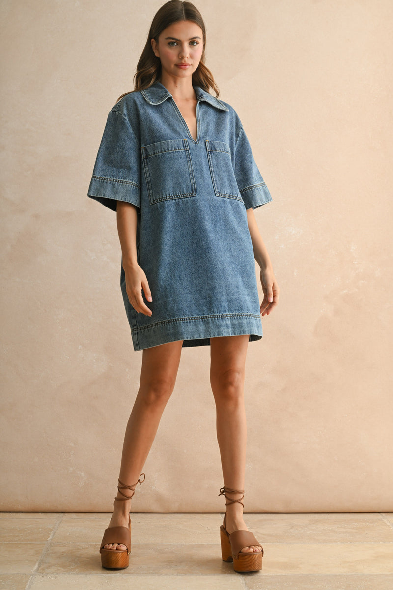 V-neck Denim Tunic Dress