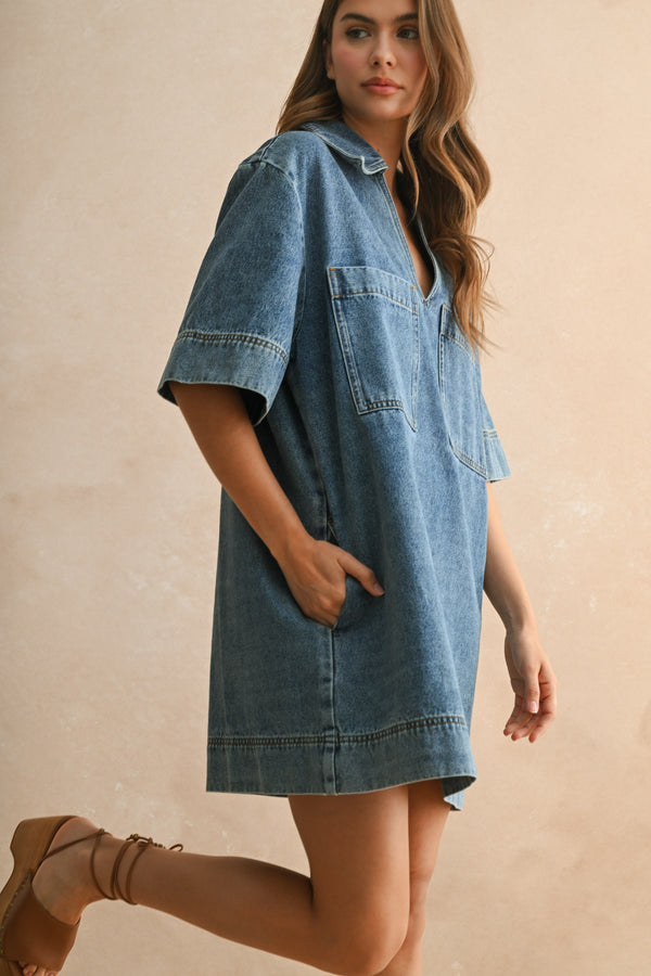 V-neck Denim Tunic Dress