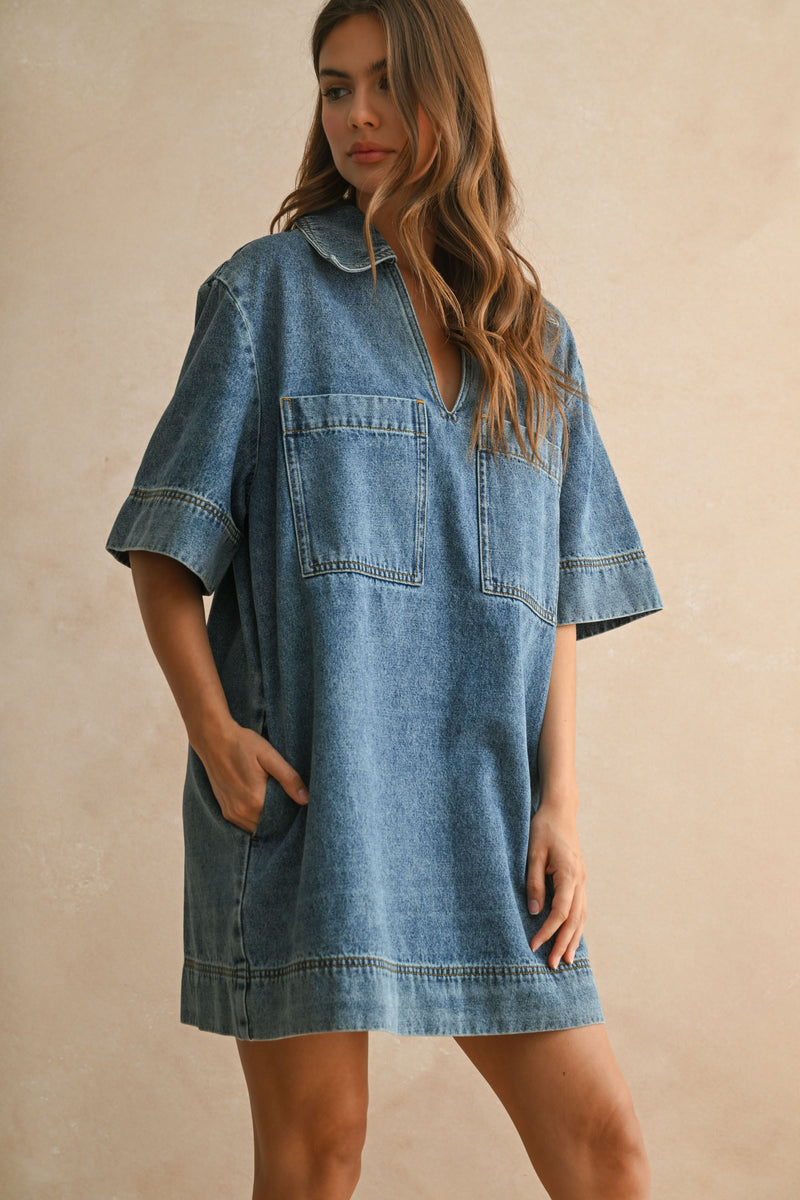 V-neck Denim Tunic Dress