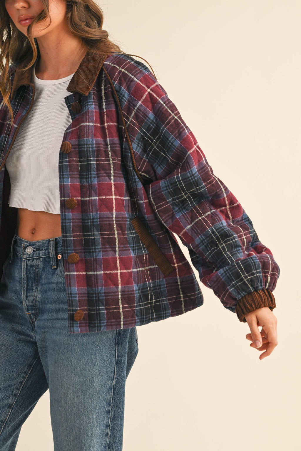 Plaid Quilted Jacket with Contrast Corduroy Detail