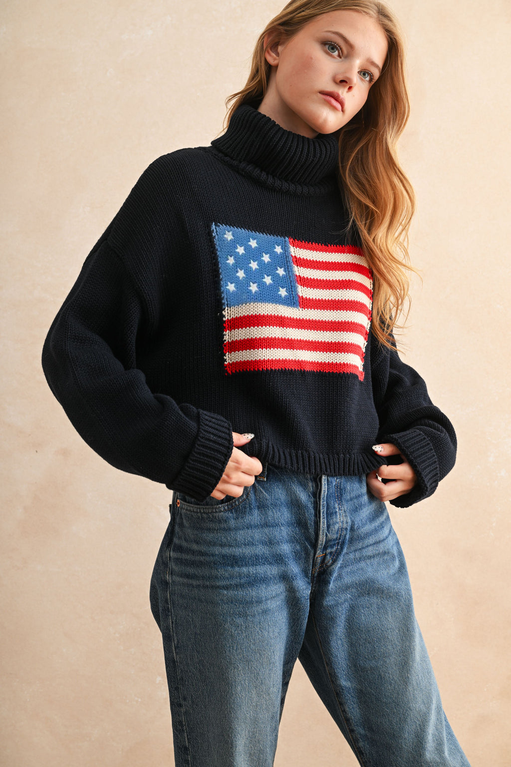 American Flag Turtle Neck Sweater Top