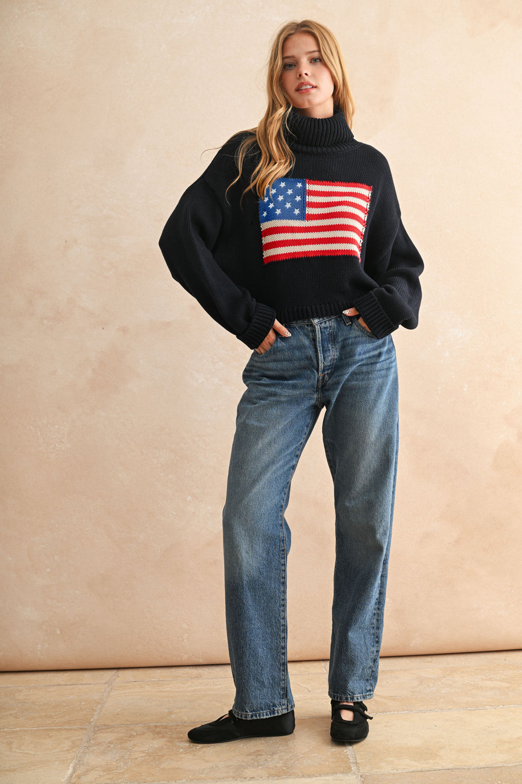 American Flag Turtle Neck Sweater Top