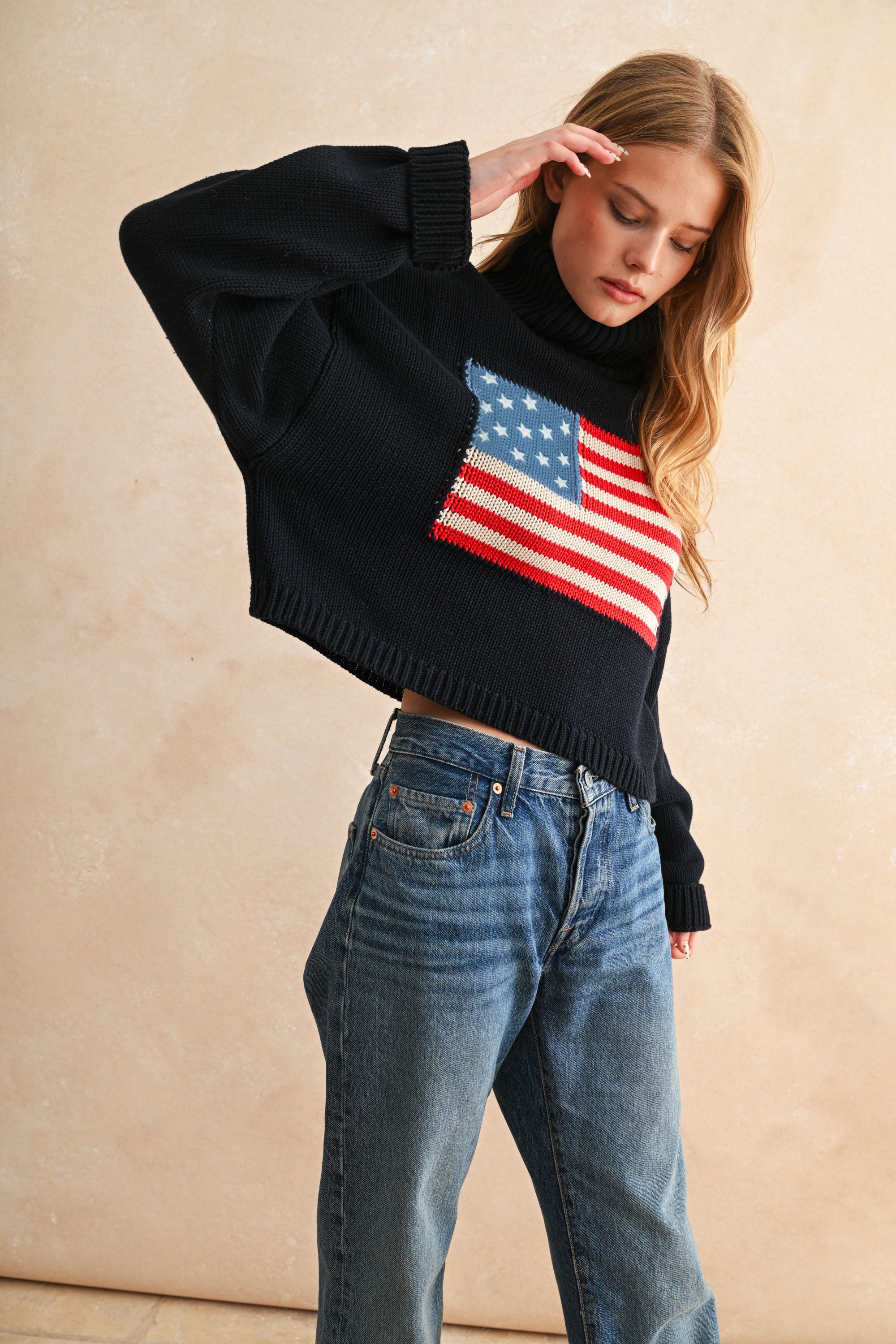 American Flag Turtle Neck Sweater Top