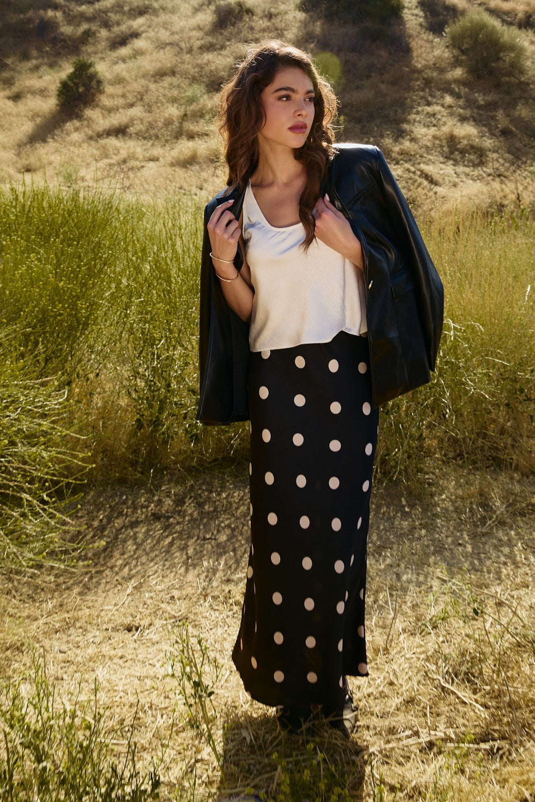 Polka Dot Satin Midi Skirt