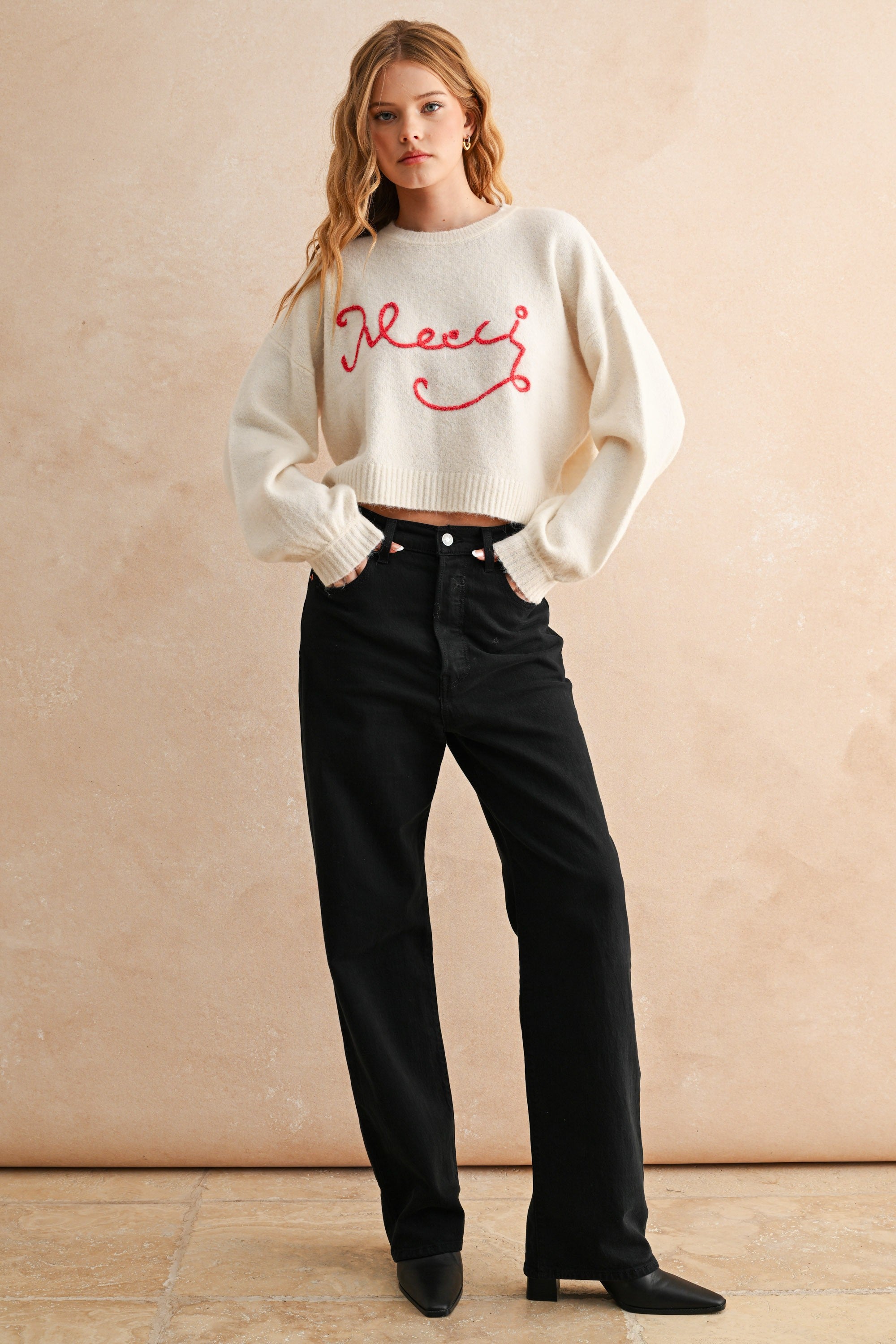 Merci Letter Patch Sweater Top