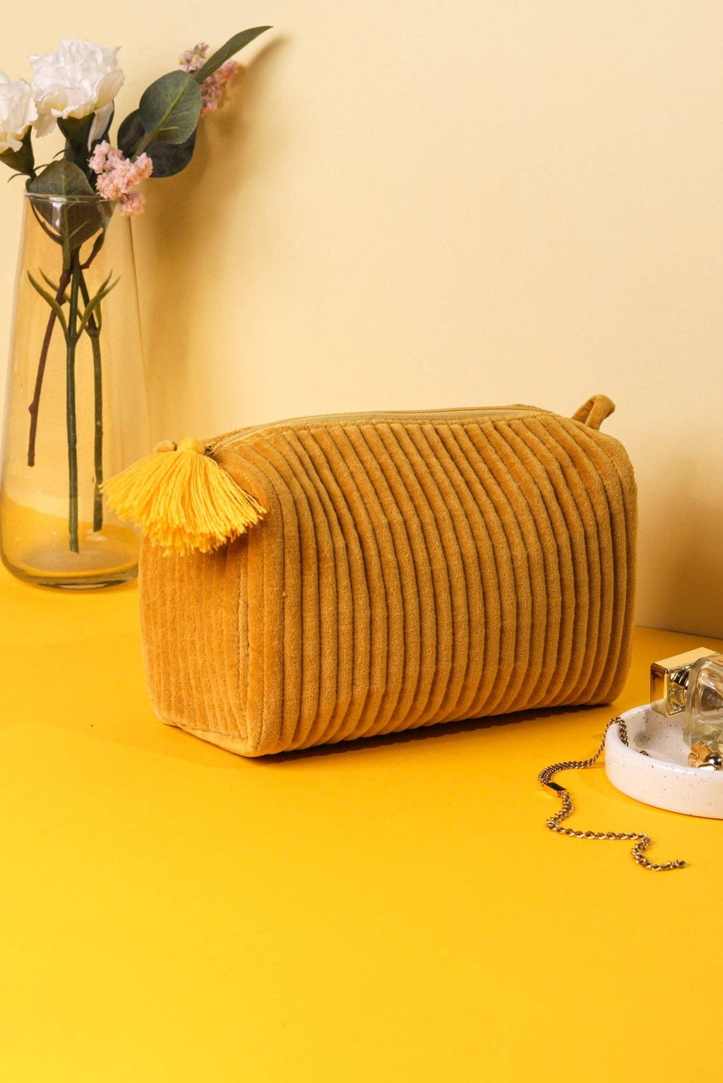 Goldenrod Velvet & Block Print Lined Cosmetic Pouch