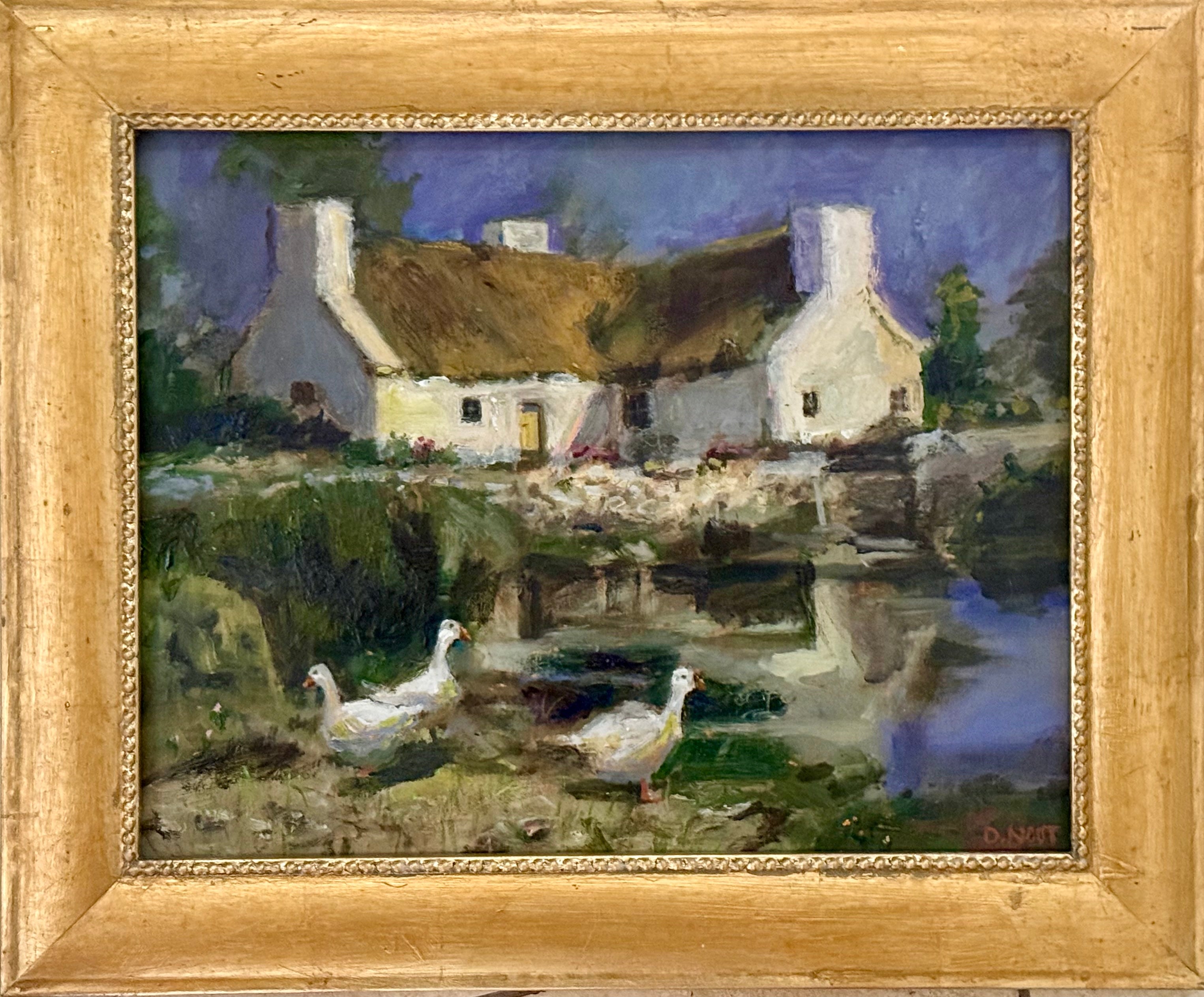 Colorful White Cottage and Geese