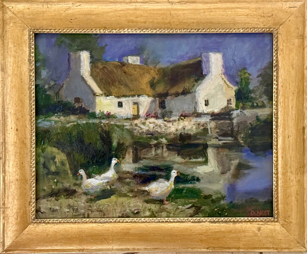 Colorful White Cottage and Geese