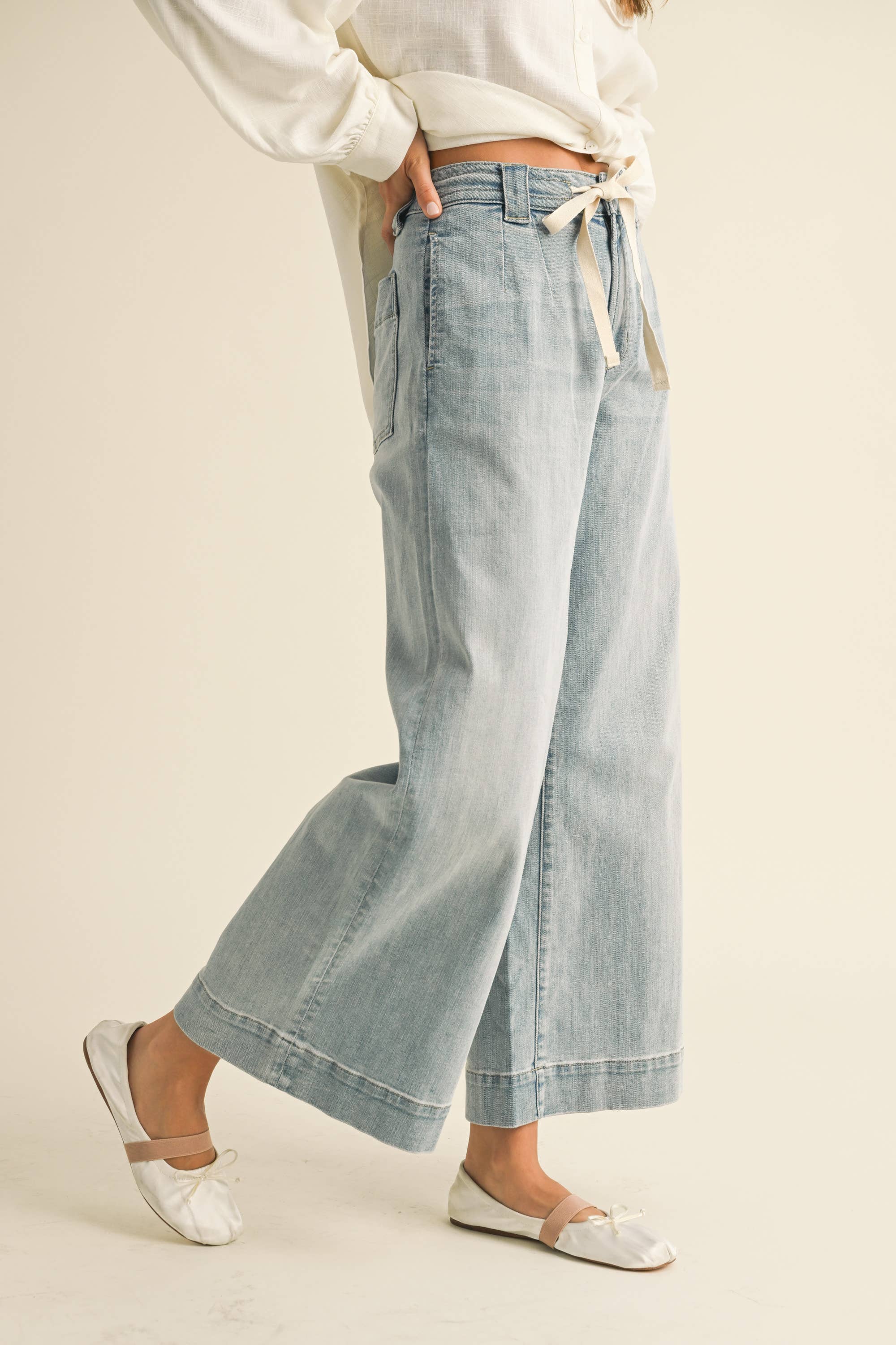 Washed Denim Front Tie Pants