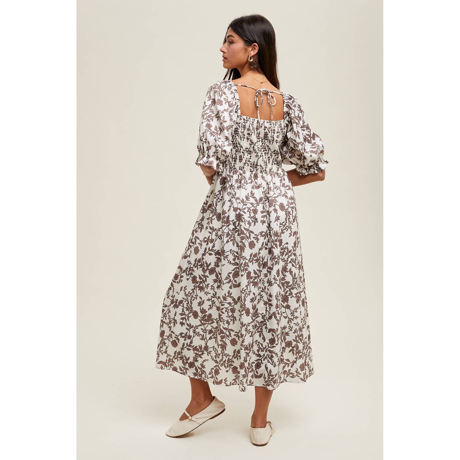Floral Balloon Sleeve Smocked Midi Dress