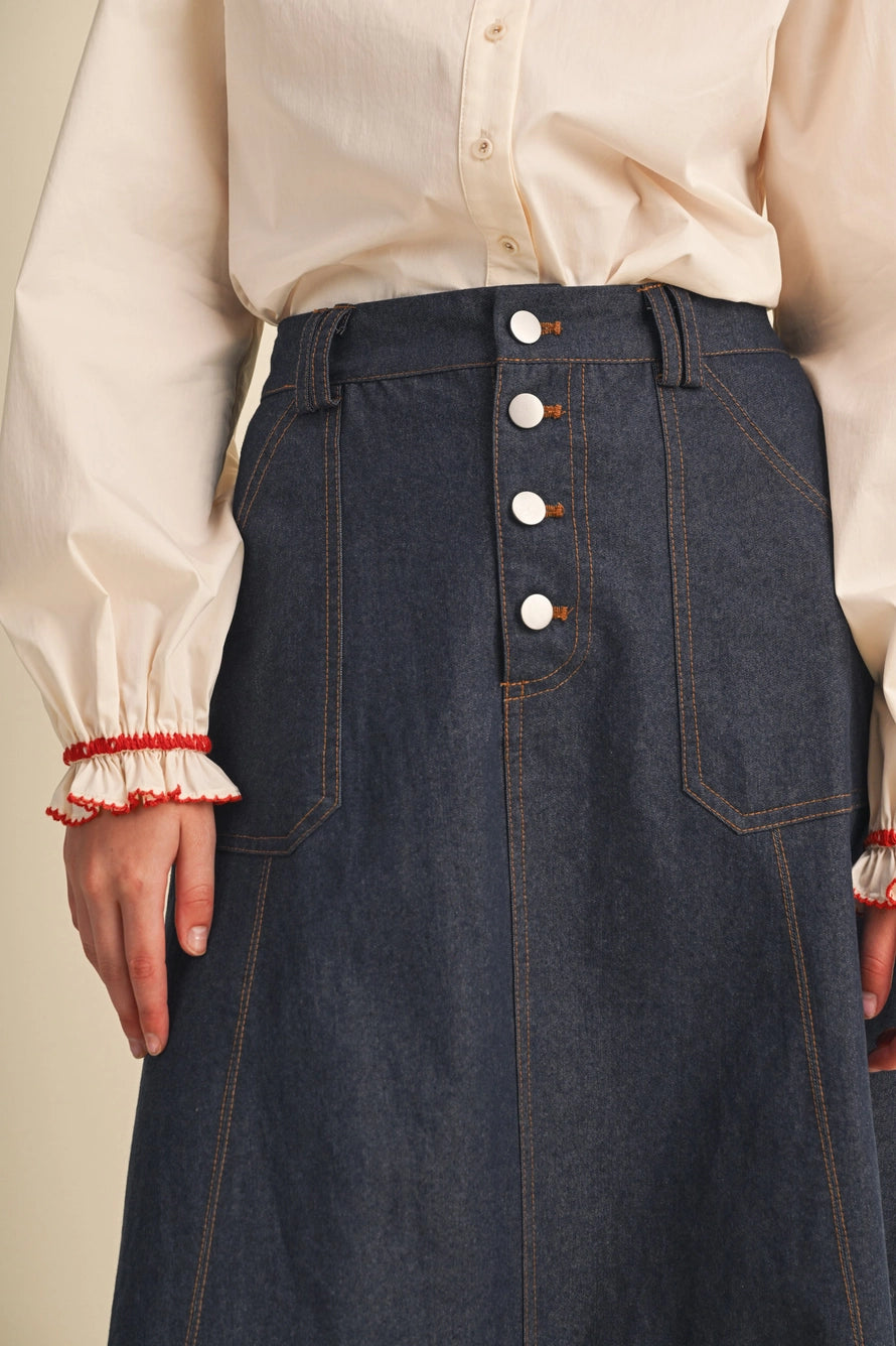 Denim A-Line Midi Skirt