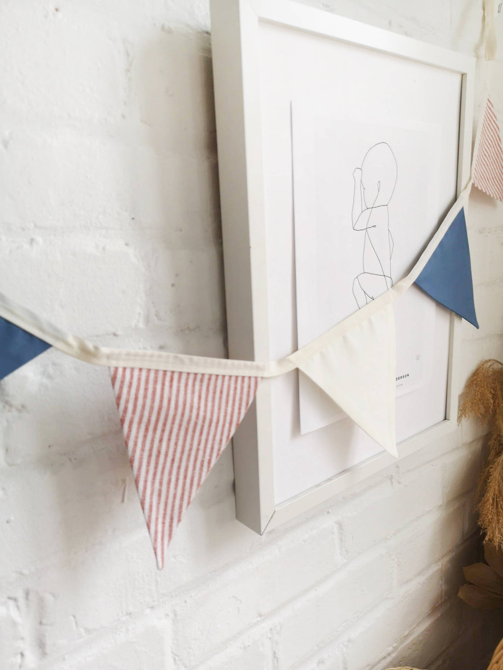 Striped Blue and Red Linen Pennant Garland