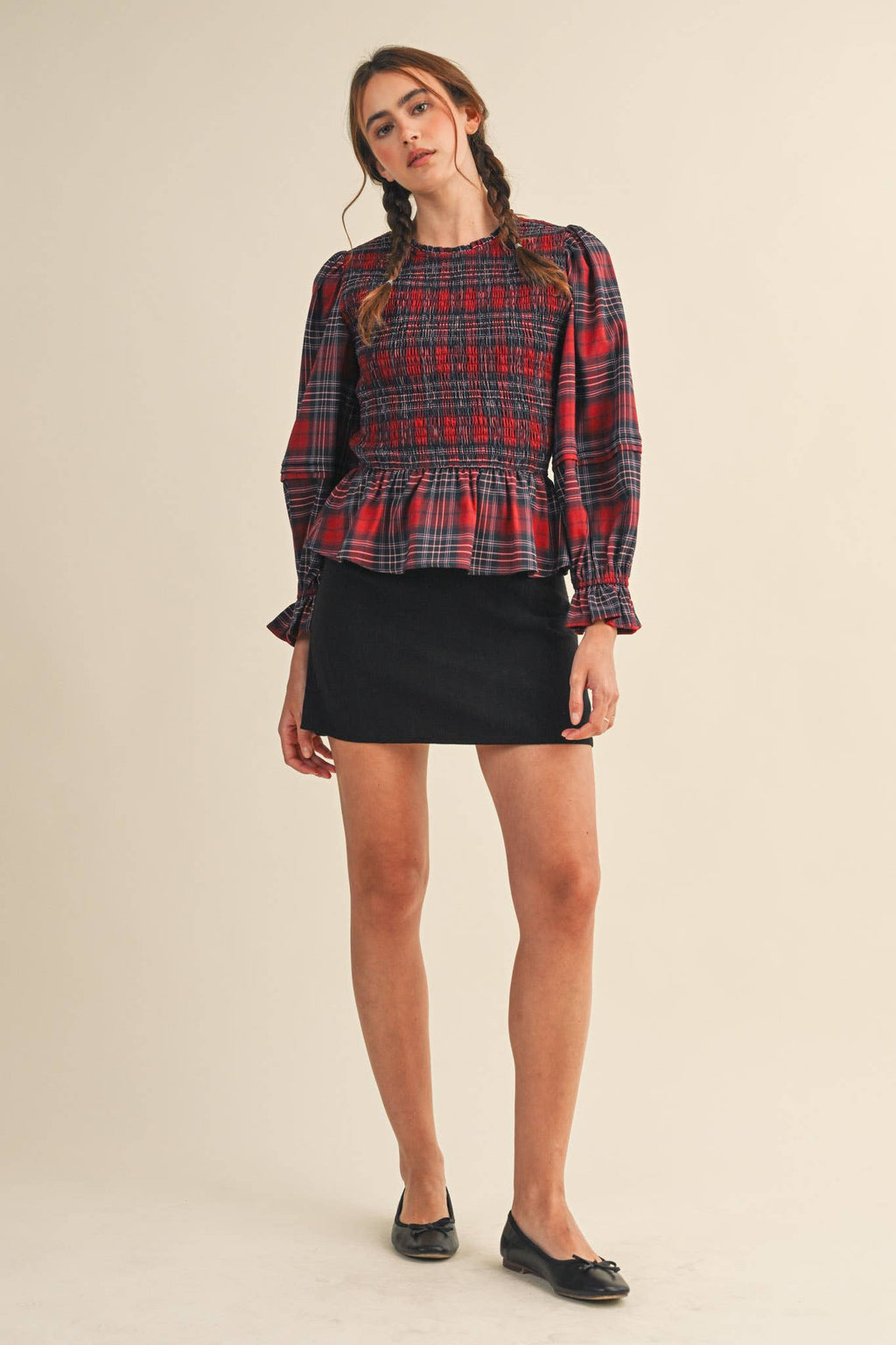 Smocked Plaid Puff Sleeve Peplum Top