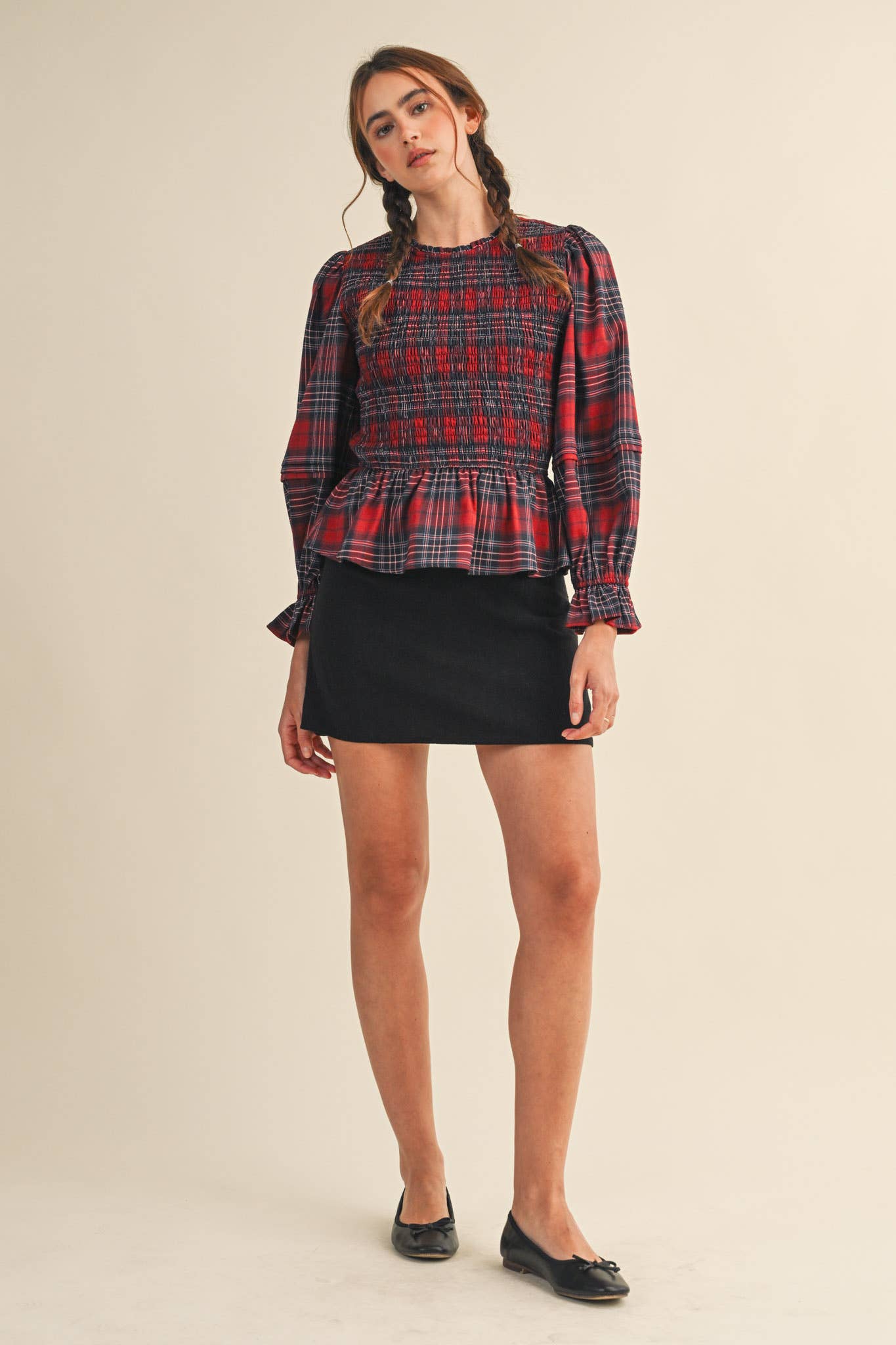 Smocked Plaid Puff Sleeve Peplum Top