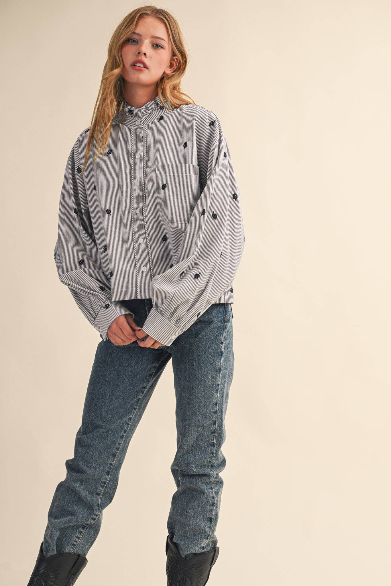 Embroidered Mock Neck Striped Button Up