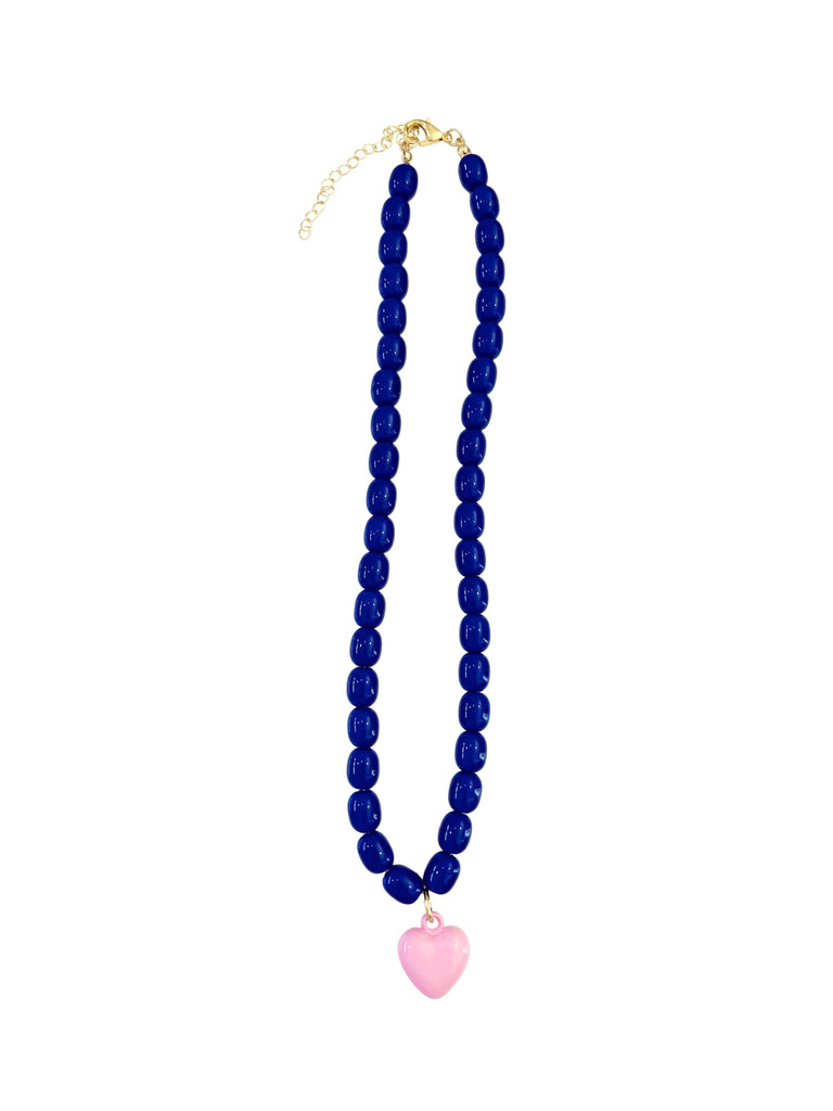 Tyler Dark Blue Beaded Necklace with Heart Charm