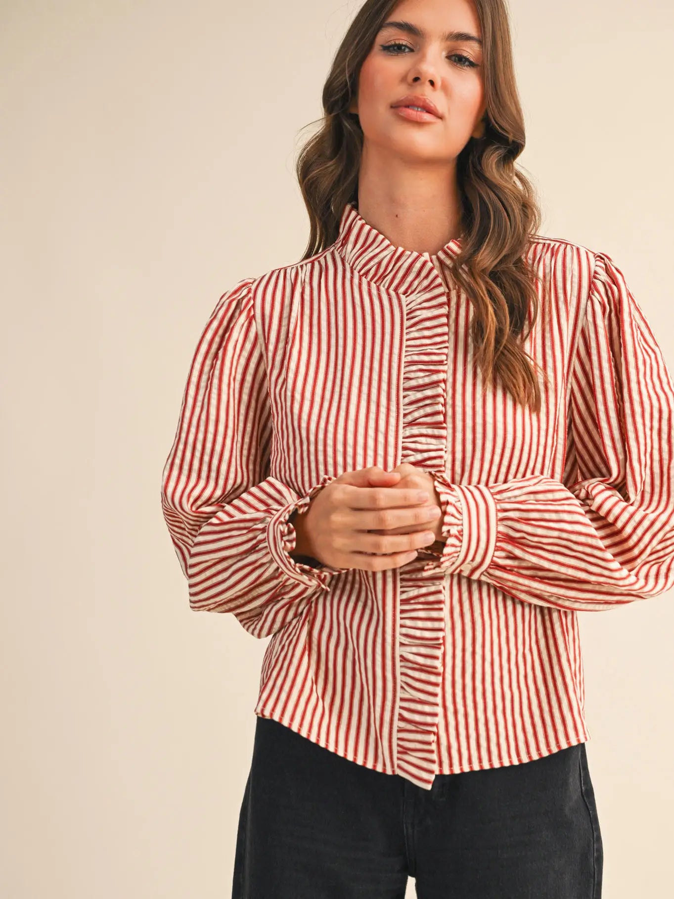Striped Ruffled Button Down Top