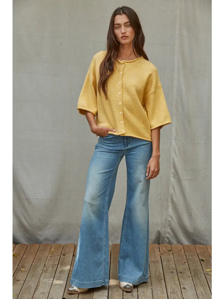 Quarter Sleeve Button Up Cardigan Top