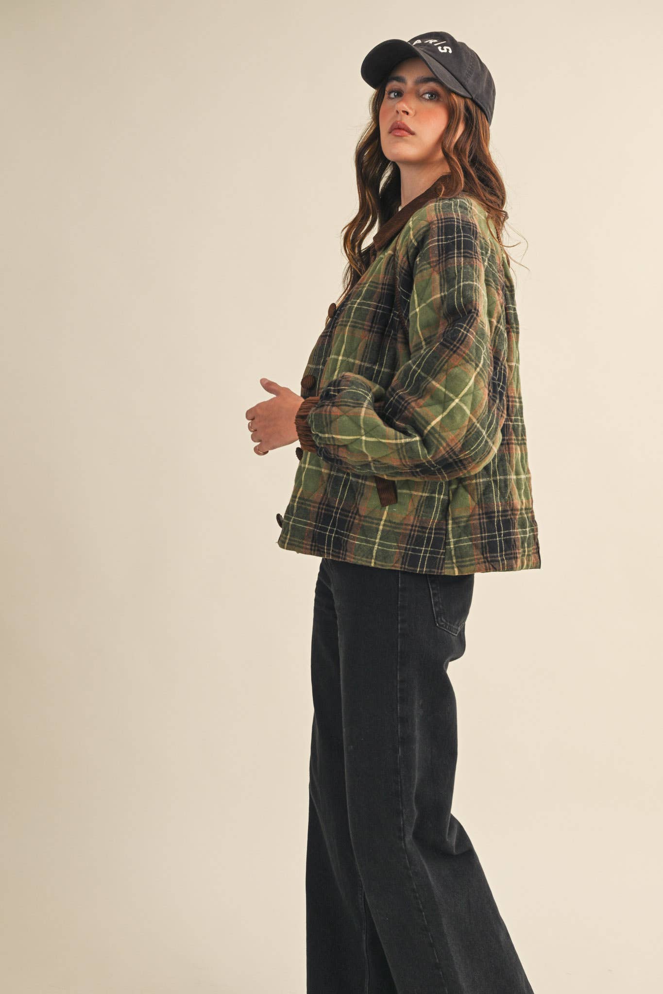 Plaid Quilted Jacket with Contrast Corduroy Detail