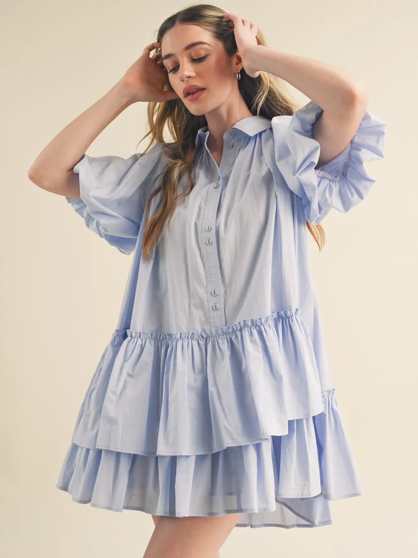 Bubble Sleeve Button Down Babydoll Dress