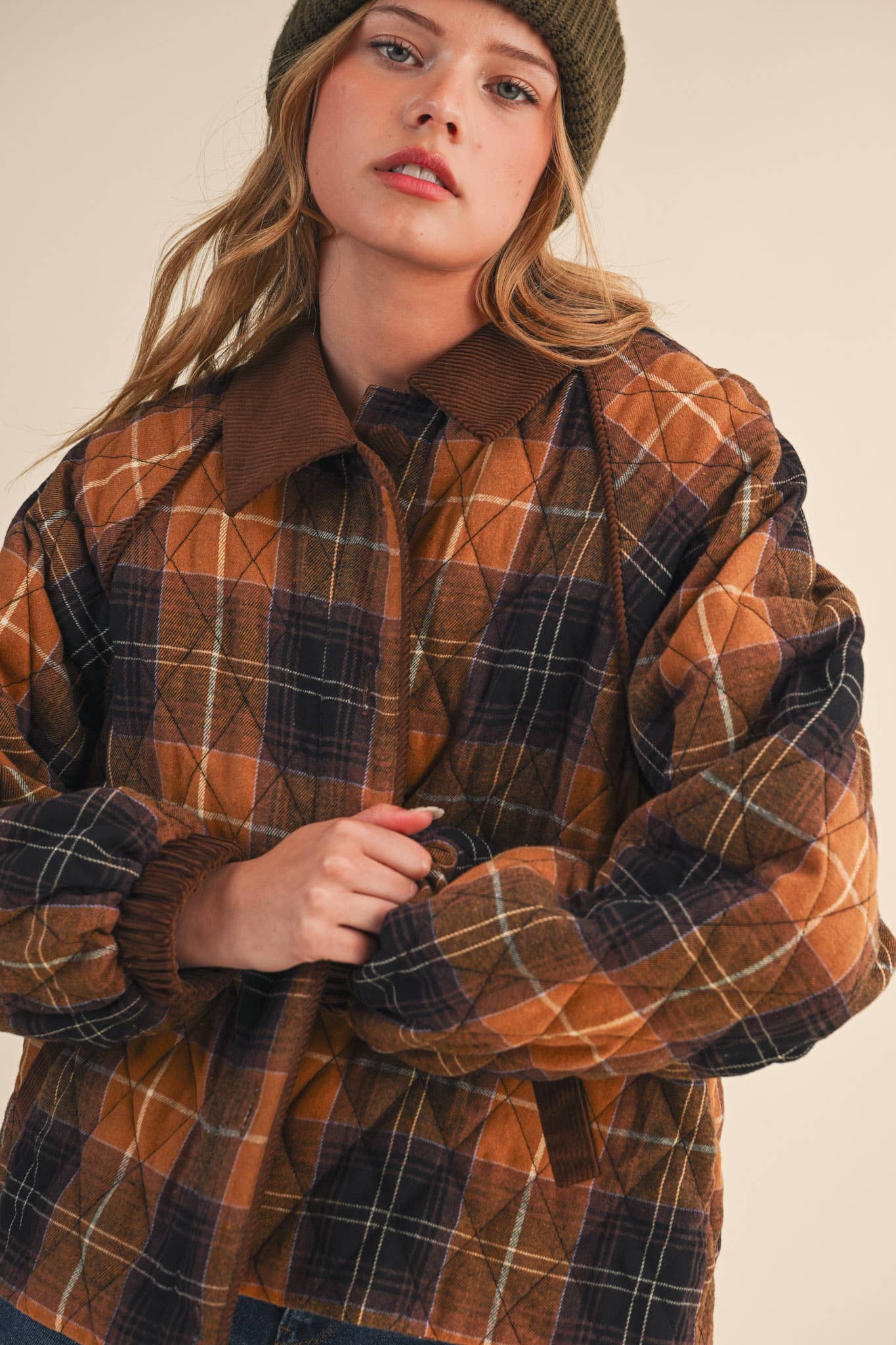 Plaid Quilted Jacket with Contrast Corduroy Detail