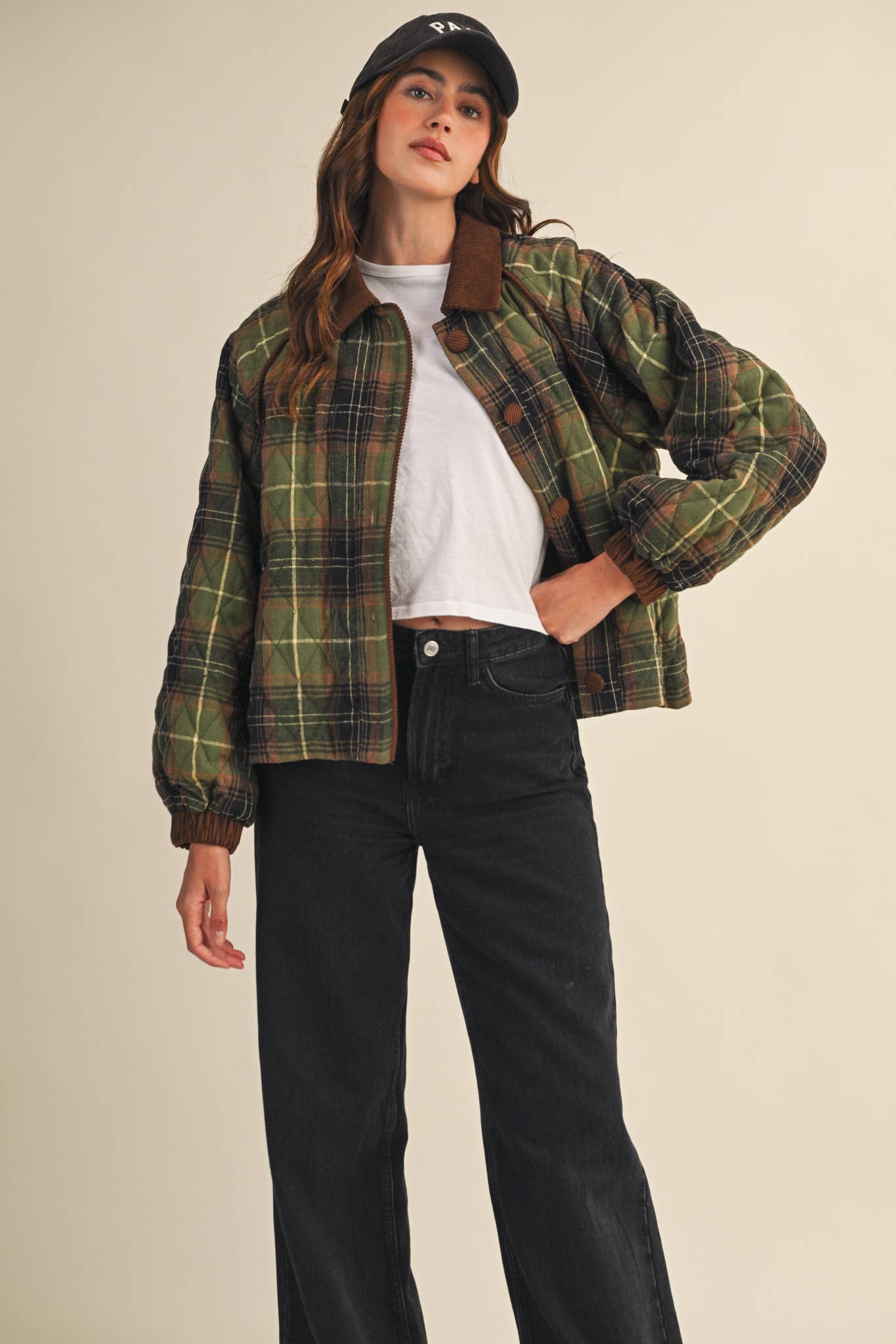 Plaid Quilted Jacket with Contrast Corduroy Detail