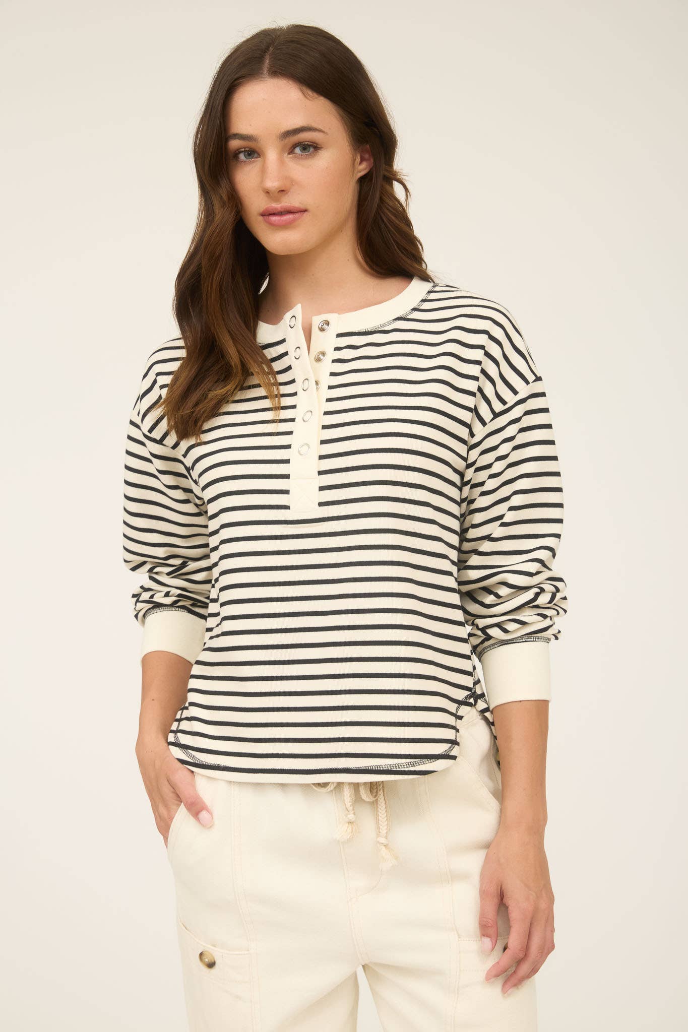 Stripe Henley Button Knit Top