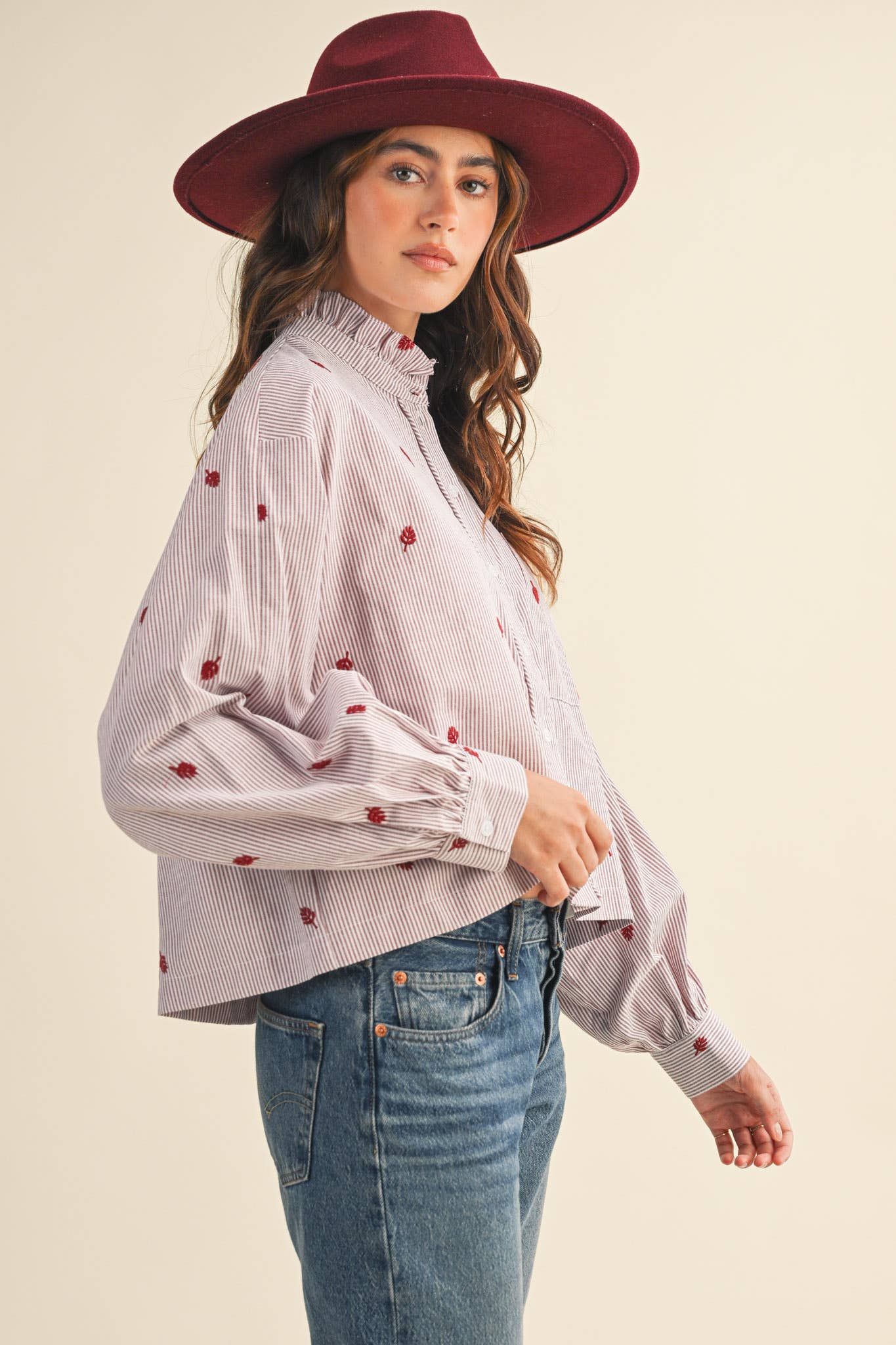 Embroidered Mock Neck Striped Button Up