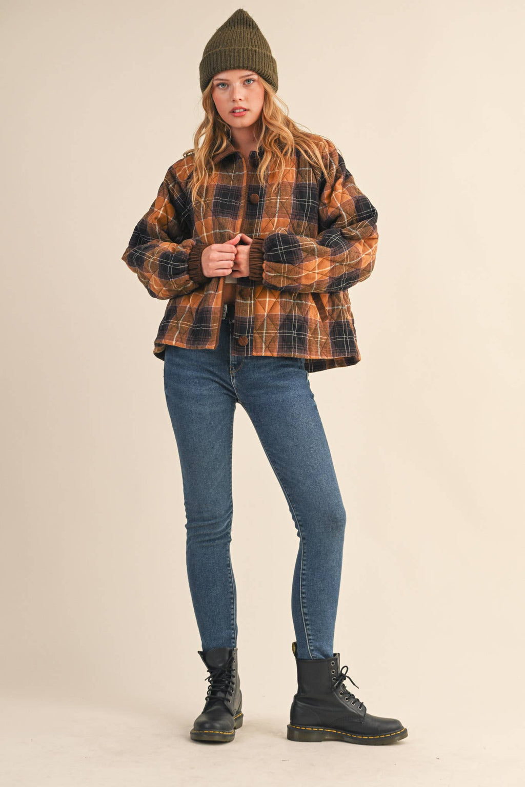 Plaid Quilted Jacket with Contrast Corduroy Detail