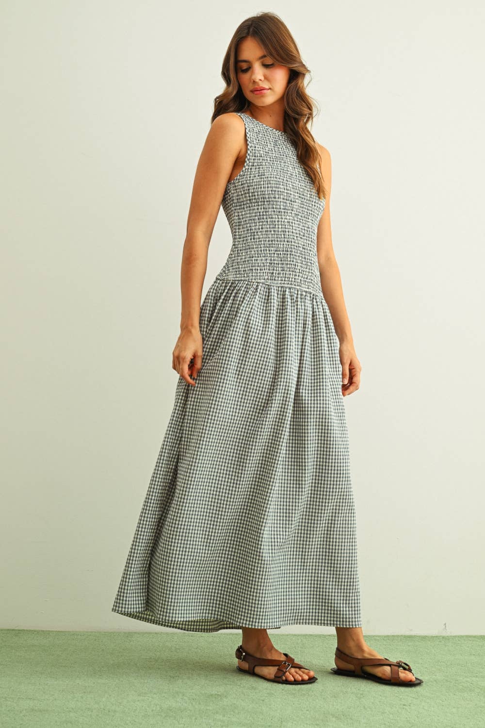 Mini Gingham Sleeveless Long Dress