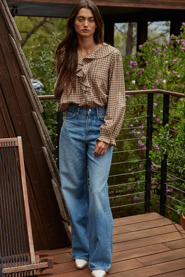 Woven Cotton Gingham Ruffled Blouse