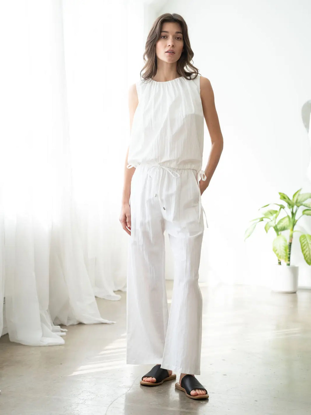 Shirred Neck Double-Tie Top