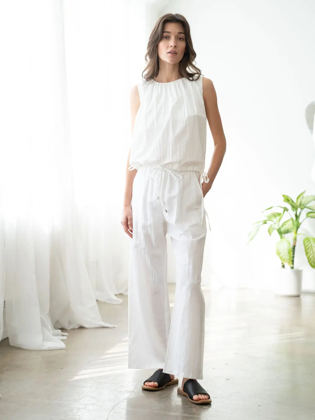 Shirred Neck Double-Tie Top