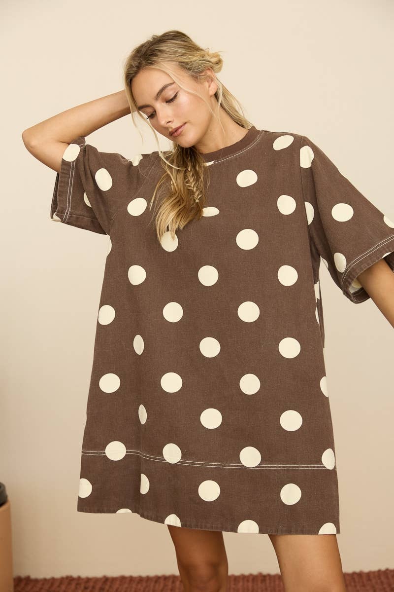 Polka Dot T-Shirt Mini Dress in Brown