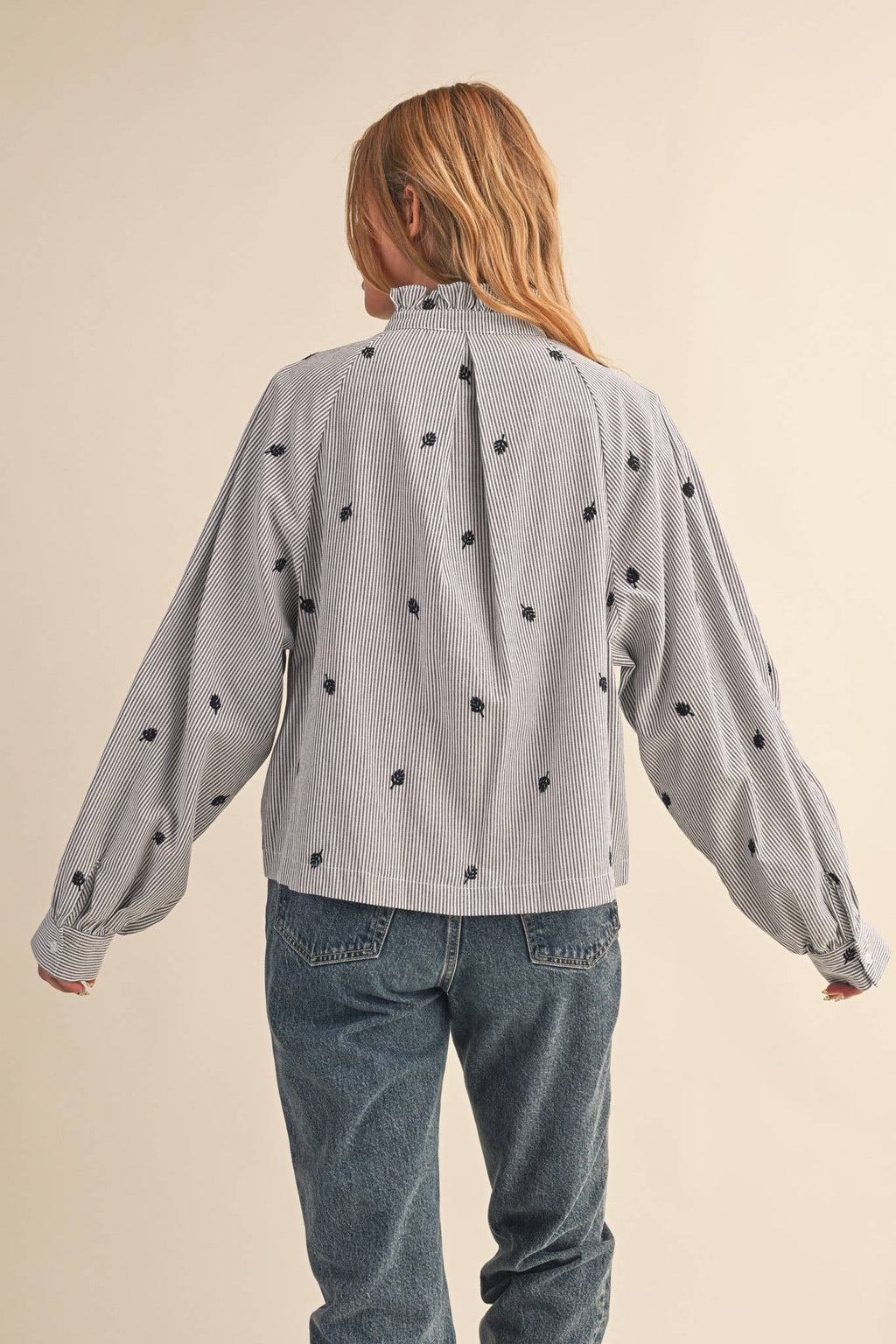 Embroidered Mock Neck Striped Button Up