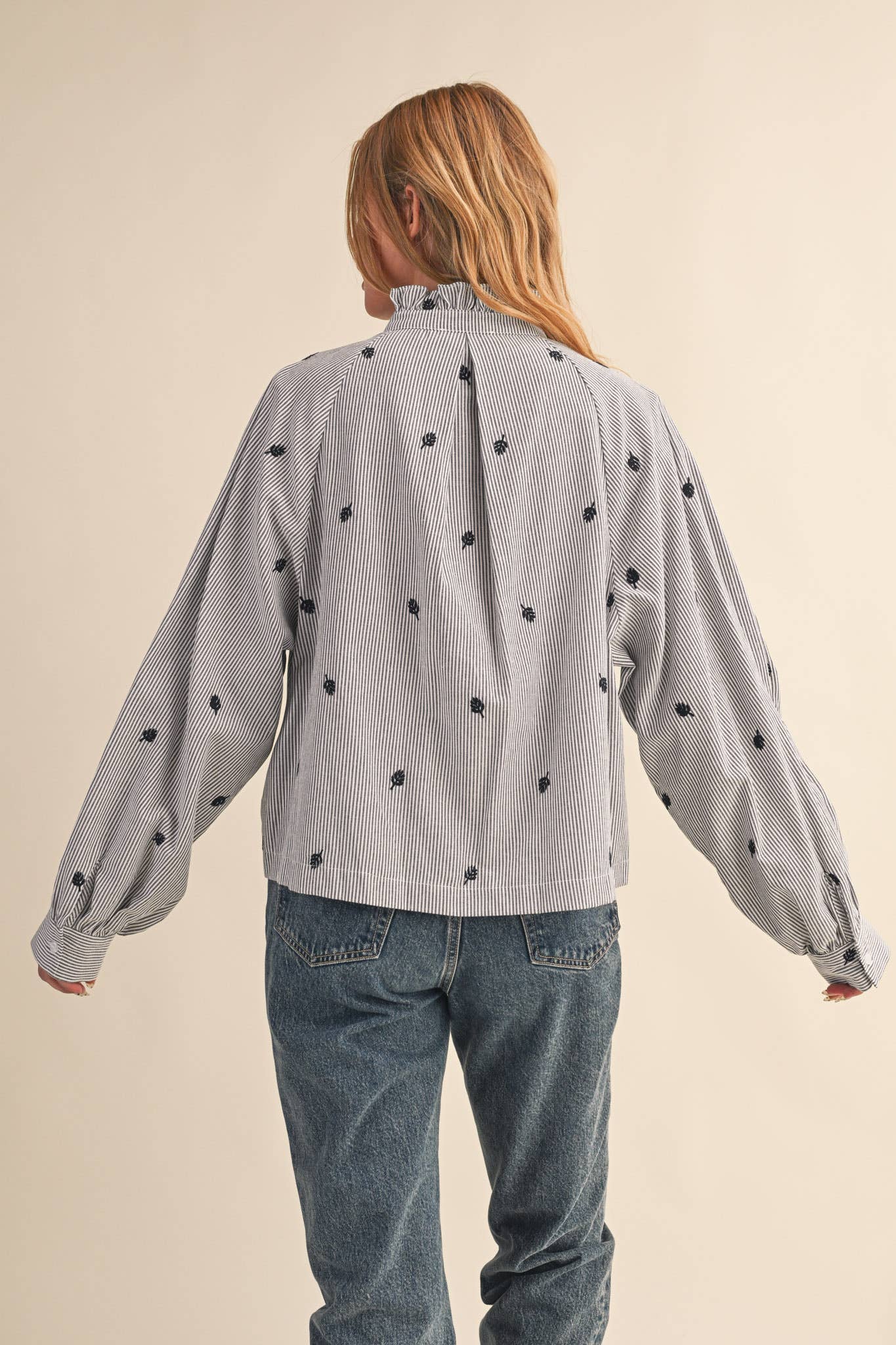 Embroidered Mock Neck Striped Button Up