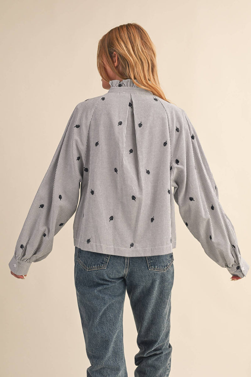 Embroidered Mock Neck Striped Button Up