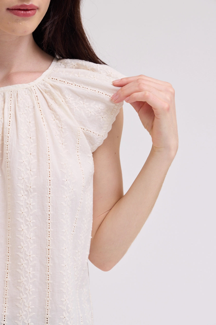 Embroidered Flutter Sleeve Blouse