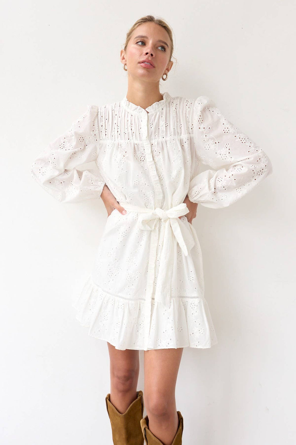 Ruffle Pintuck Dress With Tie