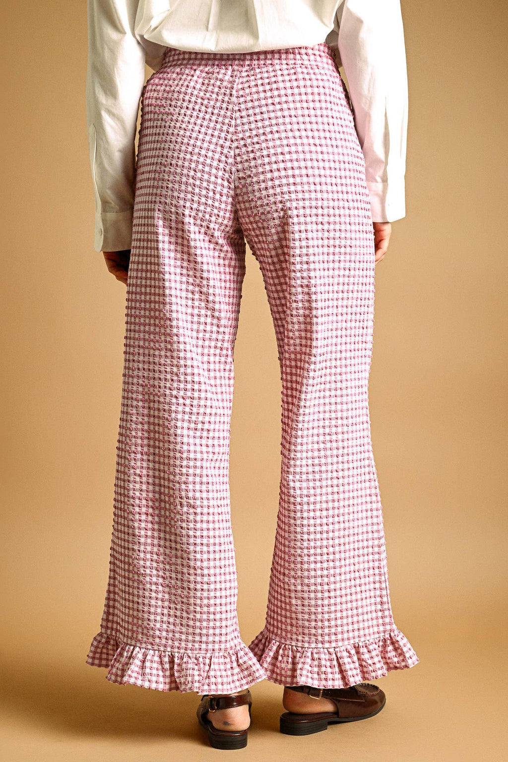 Crinkled Gingham Pants with Ruffle Hem
