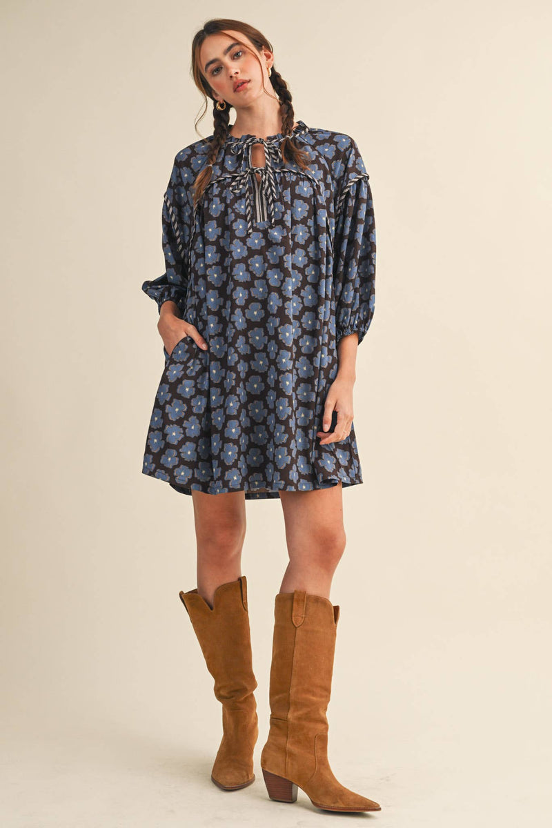 Contrast Binding Floral Mini Shift Dress