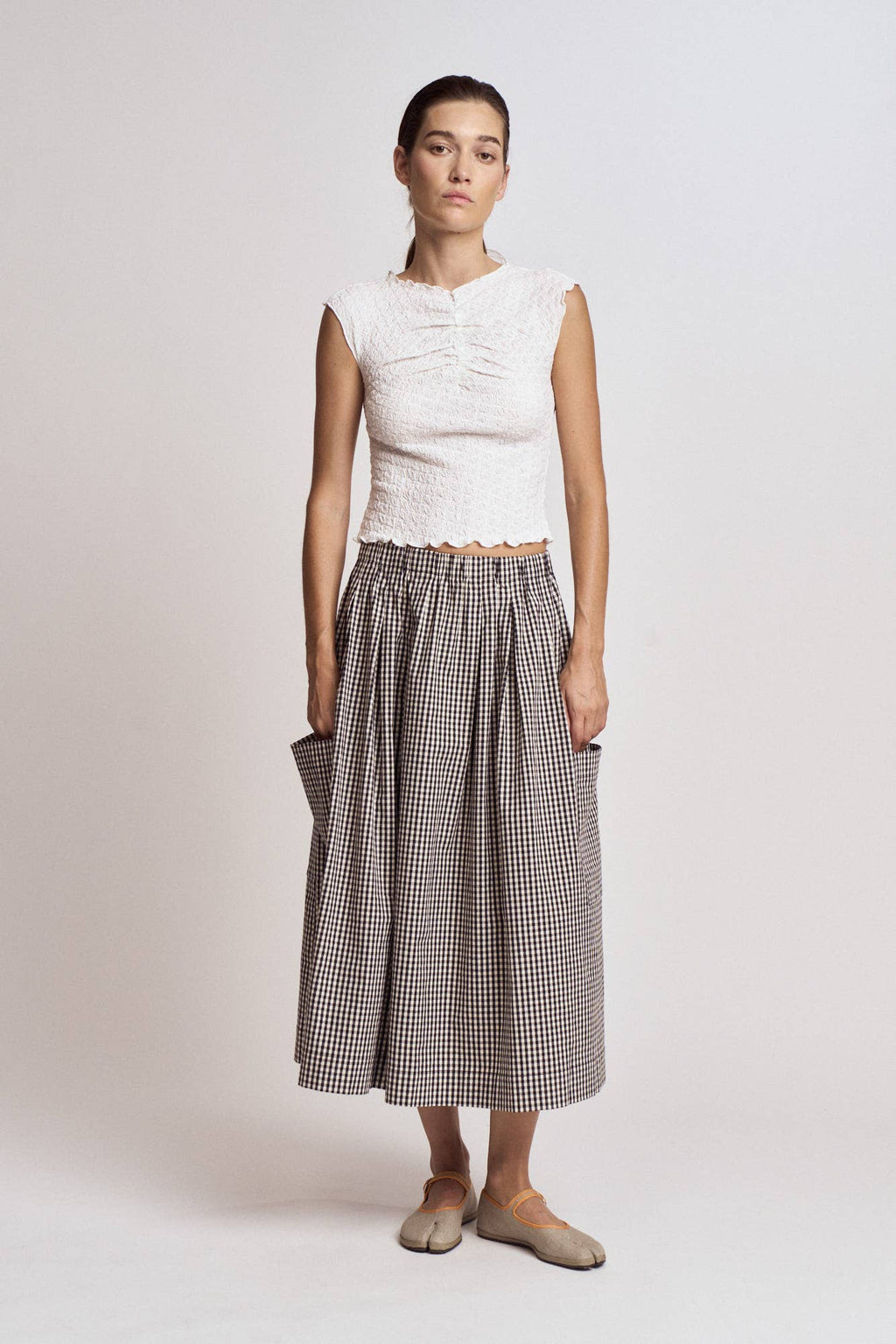 Pleat Waist Gingham Skirt